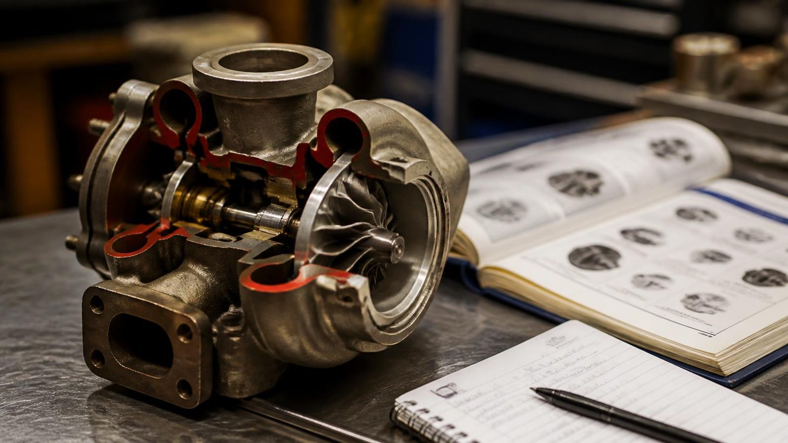 Genomskuret turboaggregat på arbetsbänk